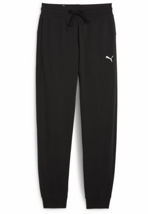 Czarne spodnie dresowe Puma z elastycznym pasem, sznurkiem, bocznymi kieszeniami, ściągaczami na kostkach oraz białym logo Puma na górnej części lewego uda.