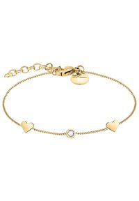Gouden armband met twee hartbedels en een centraal ronde edelsteen, voorzien van een fijne ketting met verstelbare lengte voor een goede pasvorm.