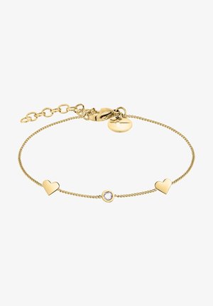 Guldtonet armbånd med to hjertecharms og en central rund ædelsten, med en fin kæde med justerbar længde for pasform.