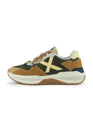 Sneaker featuring a mix of olive green mesh, tan suede, and light yellow accents. Cushioned sole with rubber traction and perforated details.