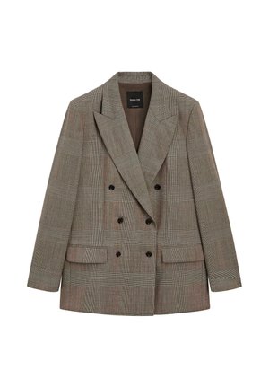 Zweireihiger Blazer aus braunem Wollmischgewebe mit Karomuster. Mit gekerbtem Revers, zwei Vordertaschen und schwarzen Knöpfen. Kastenförmige Silhouette.