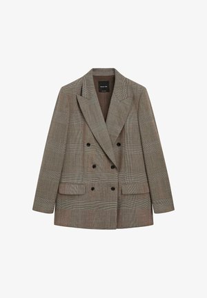 Dubbelgeknoopte blazer van een bruine wolmix met ruitpatroon. Heeft een revers met inkeping, twee steekzakken aan de voorkant en zwarte knopen. Rechte, boxy pasvorm.