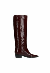 Knee-high burgundy leather boots with a glossy finish, square toe, and low block heel, featuring a sleek, smooth design.