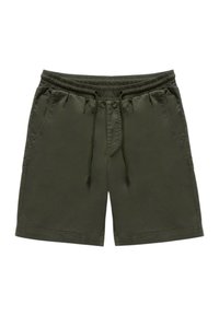 Pantaloni corti verde oliva realizzati in materiale leggero, dotati di vita elastica, cordino e tasche laterali. Design e texture semplici.