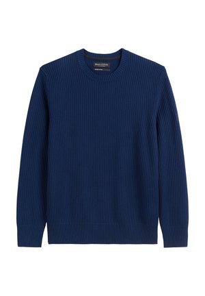 Navy blue ribbed sweater with a round neckline, long sleeves, and subtle texture. Features a logo tag on the left sleeve. Made of organic cotton.