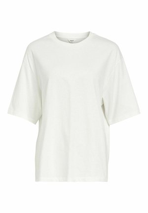 T-shirt oversize blanc en coton doux, avec un col rond et des manches courtes, doté d'une texture lisse. Pas de motifs ni d'accents.