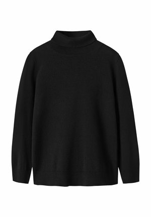 Pull encolure cheminée noir, tissu tricoté, coupe ample, manches longues, col et poignets côtelés, texture lisse, design minimaliste.