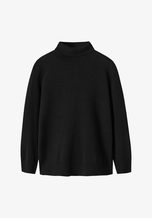 Suéter negro de cuello alto, tejido de punto, corte holgado, mangas largas, cuello y puños de canalé, textura suave, diseño minimalista.