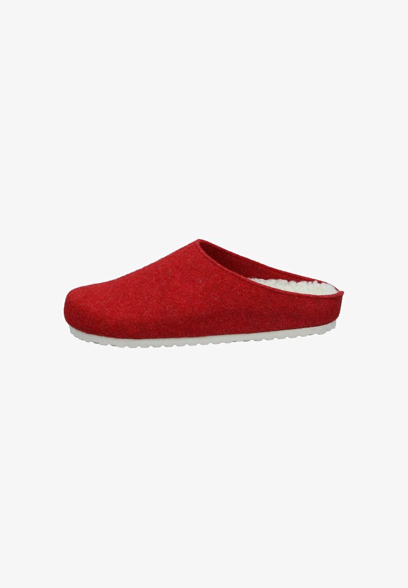 Red felt slipper with a rounded shape, interior lined with soft white material, and a textured white sole featuring small treads.