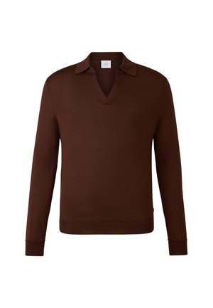 Brauner V-Ausschnitt-Pullover mit langen Ärmeln, aus glattem Stoff gefertigt. Verfügt über einen Kragen und gerippte Bündchen, mit einem schlichten und zurückhaltenden Design.