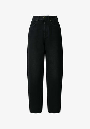 Black denim high-waisted jeans with a relaxed fit, featuring front pockets, belt loops, and brass button details. Smooth texture, sturdy material.