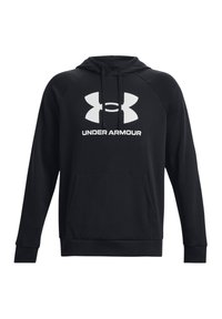 Sweatshirt à capuche noir en mélange de coton, avec une poche kangourou, des poignets côtelés et un grand logo blanc Under Armour à l'avant.