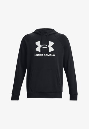 Schwarzer Kapuzenpullover aus Baumwollmischgewebe, mit einer Kängurutasche, gerippten Bündchen und großem weißen Under Armour-Logo auf der Vorderseite.