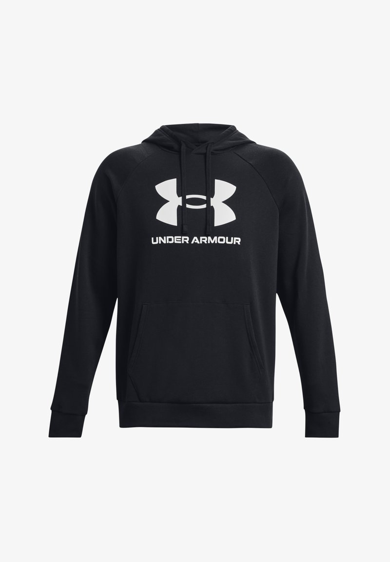 Schwarzer Kapuzenpullover aus Baumwollmischgewebe, mit einer Kängurutasche, gerippten Bündchen und großem weißen Under Armour-Logo auf der Vorderseite.