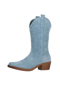 Botas de cowboy de ante azul claro con costuras decorativas, punta afilada y un tacón cuadrado marrón. Presentan tiradores laterales para facilitar su uso.