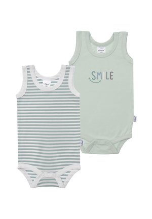 Two sleeveless baby bodysuits, one green with the word "SMILE," the other white and light green striped, both with snap closures at the bottom.