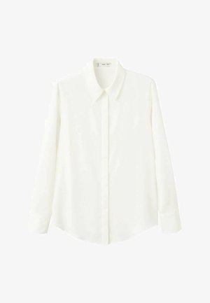 Bela dolga majica z dolgimi rokavi z ostrim ovratnikom, ravnim krojem in subtilno teksturo. Zapiranje spredaj na gumbe in zaobljen rob. Mehka tkanina.