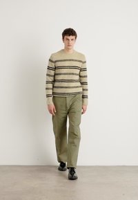 Beige striped sweater with black and gray lines, paired with olive green pants. Model wears black shoes, standing against a neutral background.