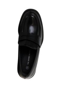 Zwarte leren instapper met een gladde afwerking, met een vlakke slip-on ontwerp en een brede bandaccent over de bovenkant. Maat 36 aangegeven aan de binnenkant.