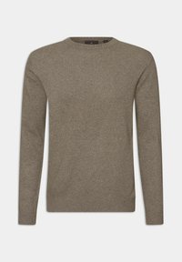 Ruskea neulepusero, jossa on pyöreä kaula-aukko, pitkät hihat, ribbireunat hihansuissa ja helmassa. Sujuva rakenne pehmeällä pinnalla. Ei näkyviä kuvioita tai yksityiskohtia.