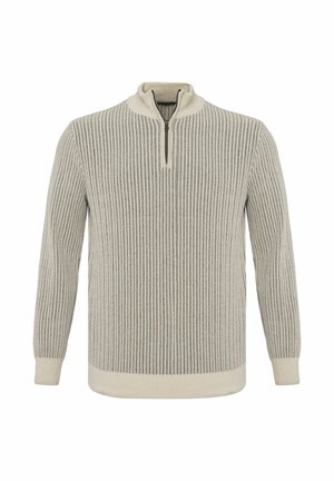 Lichtgrijze sweater met rits en verticale ribbeltextuur, lange mouwen en een gebreid ontwerp. Kenmerkt zich door een contrasterende kraag en manchetten.