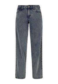 High-waisted denim jeans in a faded blue wash, featuring straight-leg cut, five pockets, and metal button closure with subtle stitching details.