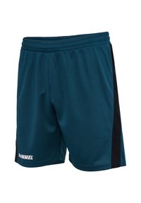 Blå atletiske shorts med sorte sidepaneler og elastisk talje, med hvid "HUMMEL"-logo nær venstre kant.