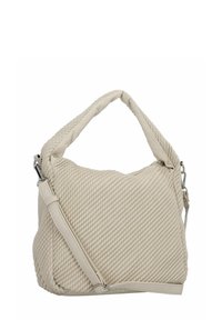 Sac à main tissé beige avec un motif texturé, doté d'une anse souple et d'une bandoulière amovible. Accents en cuir lisse et fermeture éclair.