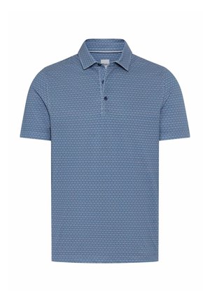 Blauw poloshirt met korte mouwen, klein herhalend donkerblauw driehoekpatroon en een knoopsluiting met twee knopen.