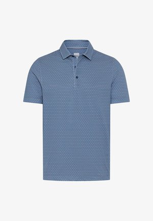 Blauw poloshirt met korte mouwen, klein herhalend donkerblauw driehoekpatroon en een knoopsluiting met twee knopen.