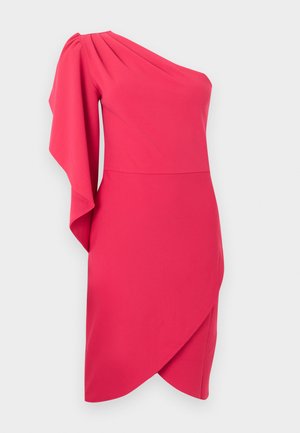 Hellrosa ein-shoulder Kleid mit drapiertem, voluminösem Einzelärmel und asymmetrischem Wickelrocksaum.