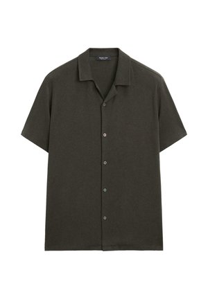Koszula na krótki rękaw w ciemnooliwkowym kolorze zapinana na guziki, z kołnierzem camp, pięcioma guzikami z przodu i prostym, gładkim wzorem.