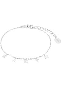 Silver chain bracelet featuring letter charms spelling "EARTH," with a lobster clasp and an extender chain for adjustable length.
