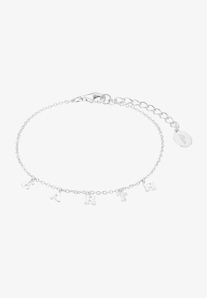 Silver chain bracelet featuring letter charms spelling "EARTH," with a lobster clasp and an extender chain for adjustable length.