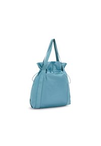 Borsa azzurro chiaro caratterizzata da una superficie morbida e testurizzata, con una parte superiore arricciata e lacci, e due manici di lunghezza spalla.