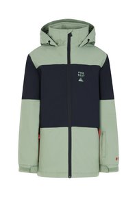 Veste de ski verte et marine avec zip à l'avant, capuche ajustable et logo. Présente des blocs de couleur contrastants et des zips orange.