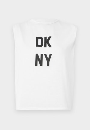 White sleeveless top made of cotton with “DKNY” printed in bold black letters across the back. Round neckline and relaxed fit.