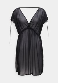 Μαύρο φόρεμα με πιέτες, V-λαιμόκοψη, κοντά μανίκια, ρυθμιζόμενα κορδόνια στους ώμους και ελαστική μέση για εφαρμοστή σιλουέτα.