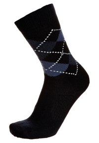 Calcetín negro hasta el tobillo con un patrón de diamantes en azul oscuro y azul claro, con acentos blancos y una textura acanalada en la parte superior.