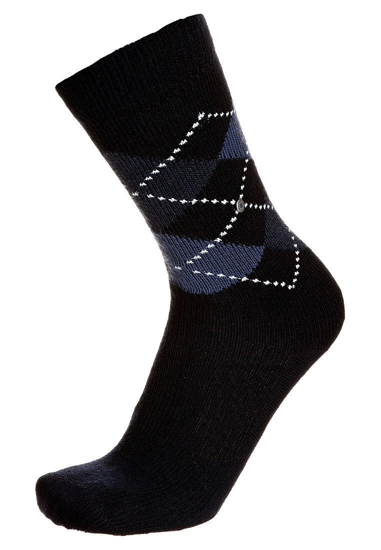 Calcetín negro hasta el tobillo con un patrón de diamantes en azul oscuro y azul claro, con acentos blancos y una textura acanalada en la parte superior.