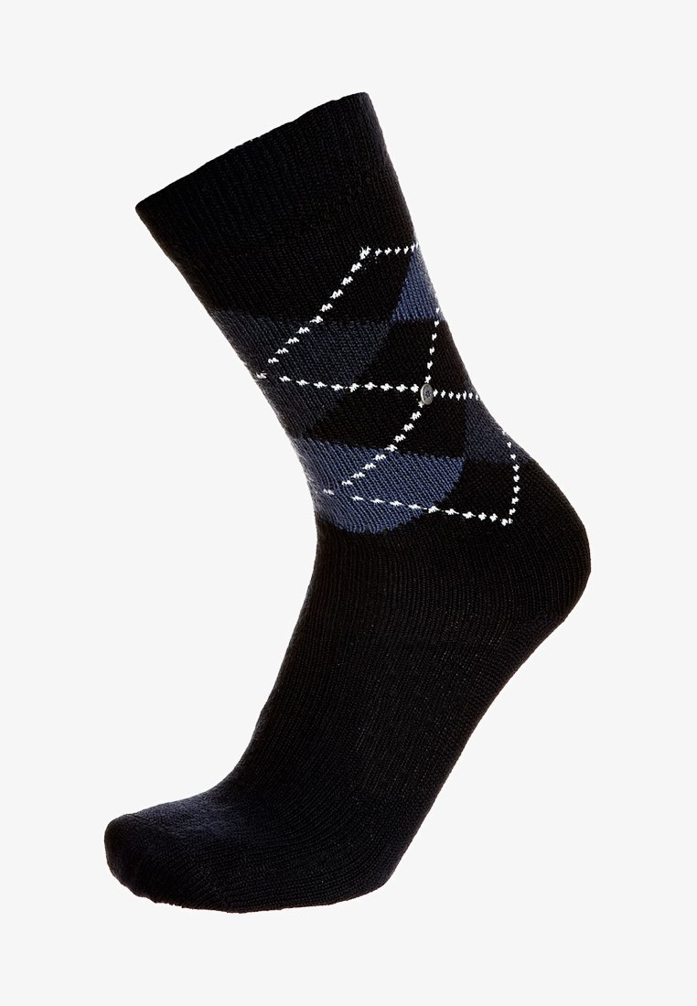 Calcetín negro hasta el tobillo con un patrón de diamantes en azul oscuro y azul claro, con acentos blancos y una textura acanalada en la parte superior.