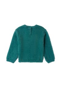 Teal gestrickter Pullover mit einer weichen, flauschigen Textur. Mit langen Ärmeln, einem rundem Ausschnitt und einem Knopfverschluss am Rücken.