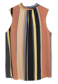 Blusa senza maniche con scollatura alta, caratterizzata da righe verticali arancioni, gialle, nere e grigie. Tessuto liscio con dettaglio plissettato sul retro.