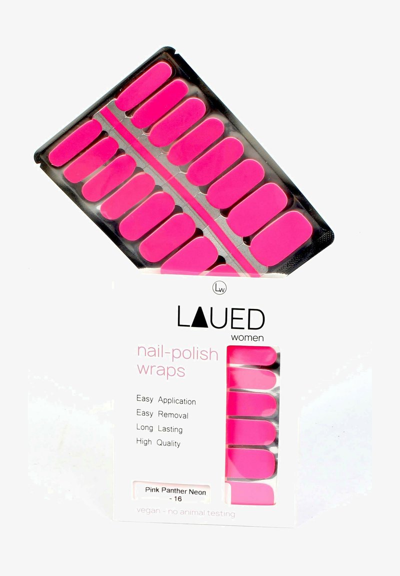 Smalto per unghie neon rosa brillante in diverse dimensioni avvolto in confezioni bianche etichettate "Laued women", evidenziando la facilità di applicazione e rimozione.