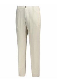Beige geribbelde slim-fit broek met een sluiting aan de voorkant en riemlussen, weergegeven tegen een witte achtergrond.