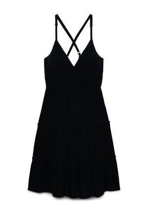 Abito nero senza maniche con gonna a balze e spalline sottili incrociate e regolabili sulla schiena.