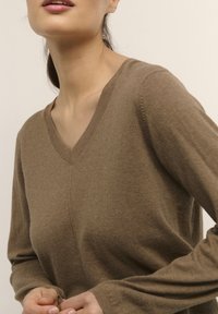 Pull en V marron fabriqué en matériau doux. Il présente des manches longues ajustées et une couture subtile au centre pour un look épuré.