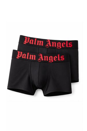 Due paia di boxer neri da uomo con ampie fasce elastiche in vita con la scritta "Palm Angels" in carattere gotico rosso.