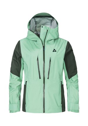 Hellgrüne und dunkelgrüne Outdoor-Jacke mit Kapuze, Reißverschluss vorne und zwei Seitentaschen. Ausgestattet mit wasserdichtem Material und Belüftungsöffnungen.