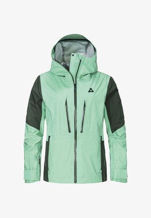 Hellgrüne und dunkelgrüne Outdoor-Jacke mit Kapuze, Reißverschluss vorne und zwei Seitentaschen. Ausgestattet mit wasserdichtem Material und Belüftungsöffnungen.